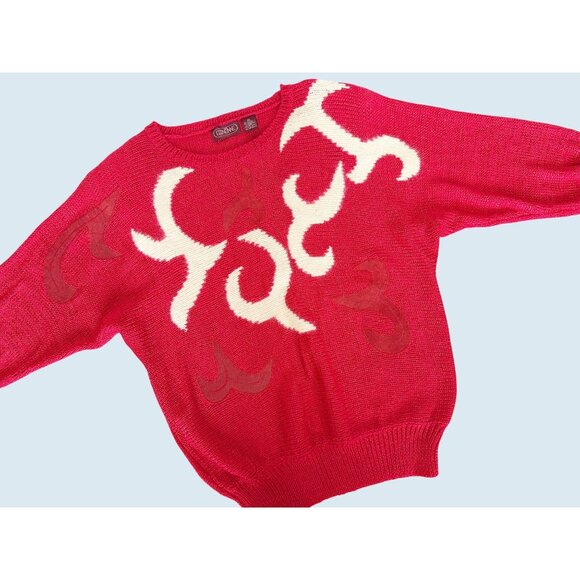 Vintage Ginenne Red Graphic Print Pullover Sweater 80s / 90s Size Medium - Picture 1 of 8
